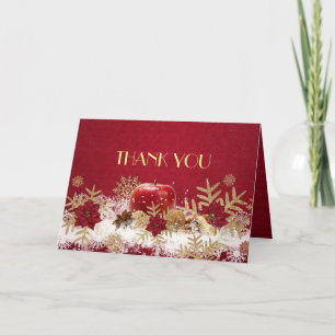 Red Apple Christmas Gold Snowflakes Thank you Card
