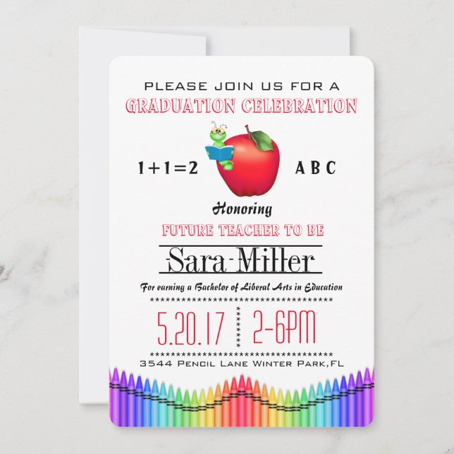 Red Apple/ Crayon Teacher Graduation Invitation (Front)