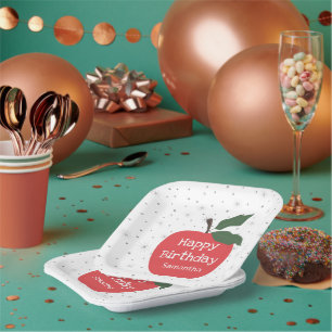 Red apple customise name happy birthday paper plate