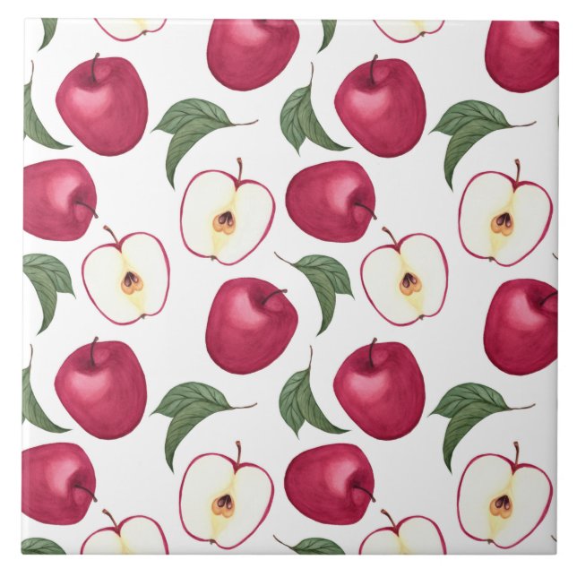 Red Apple Fruit and Apple Leaves  Tile (Front)