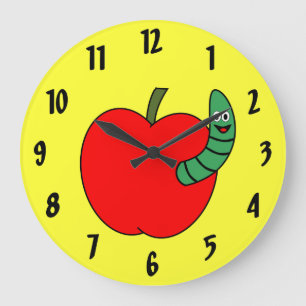 Red Apple Green Worm Large Clock