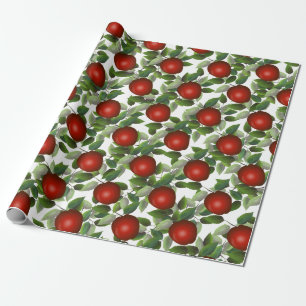 Red Apple Greenery Wrapping Paper