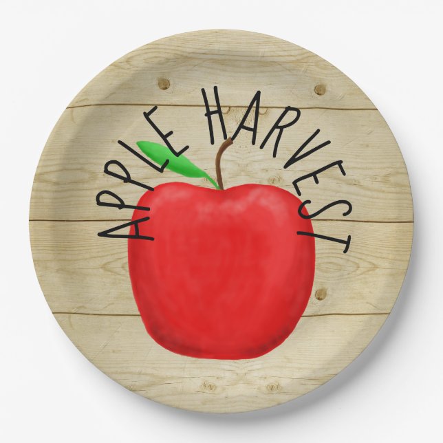 Red Apple Harvest Wooden Sign Paper Plates (Front)