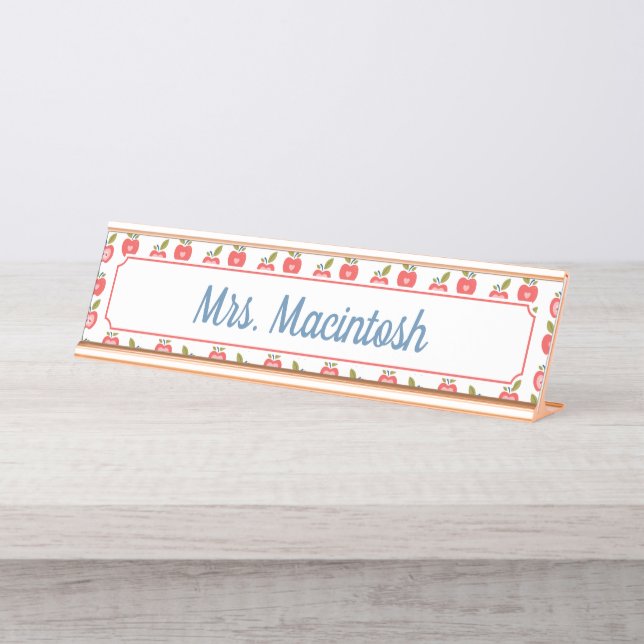 Red Apple & Heart Pattern Personalised Teacher Desk Name Plate (Front)