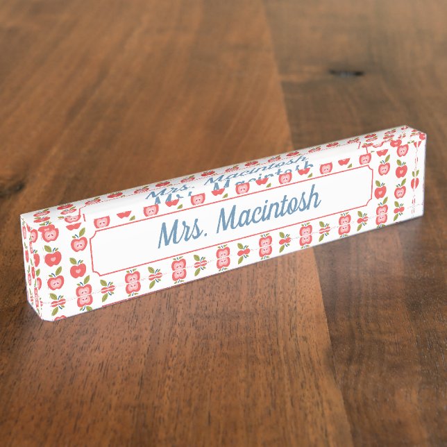 Red Apple & Heart Pattern Personalised Teacher Nameplate (Side)