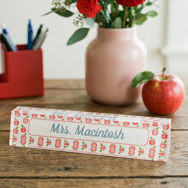 Red Apple & Heart Pattern Personalised Teacher Nameplate (Red Apple & Heart Pattern Personalized Teacher Desk Name Plate)