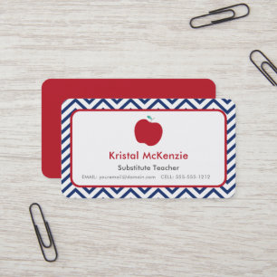 Red Apple & Navy Chevron Teacher Business Cards