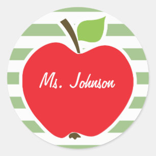 Red Apple on Laurel Green Horizontal Stripes Classic Round Sticker