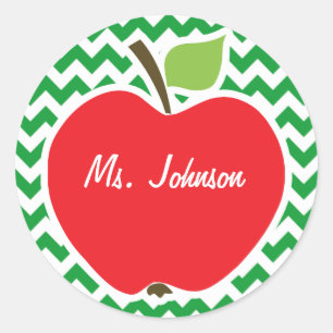Red Apple on Retro Kelly Green Chevron Stripes Classic Round Sticker