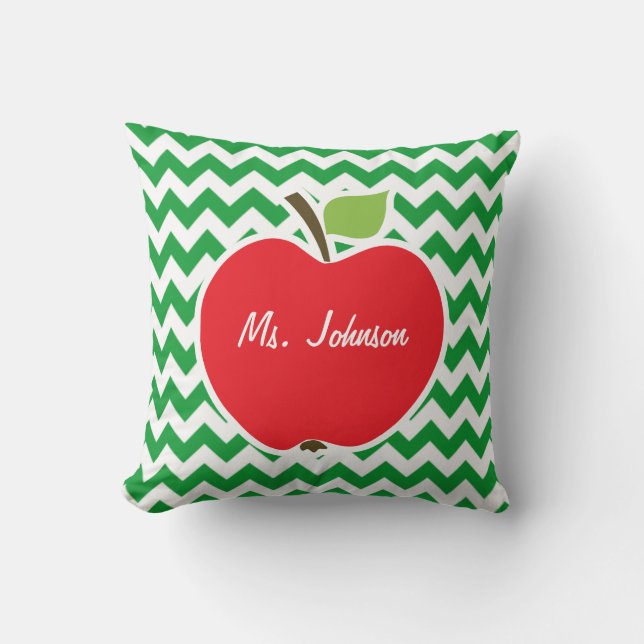 Red Apple on Retro Kelly Green Chevron Stripes Cushion (Front)