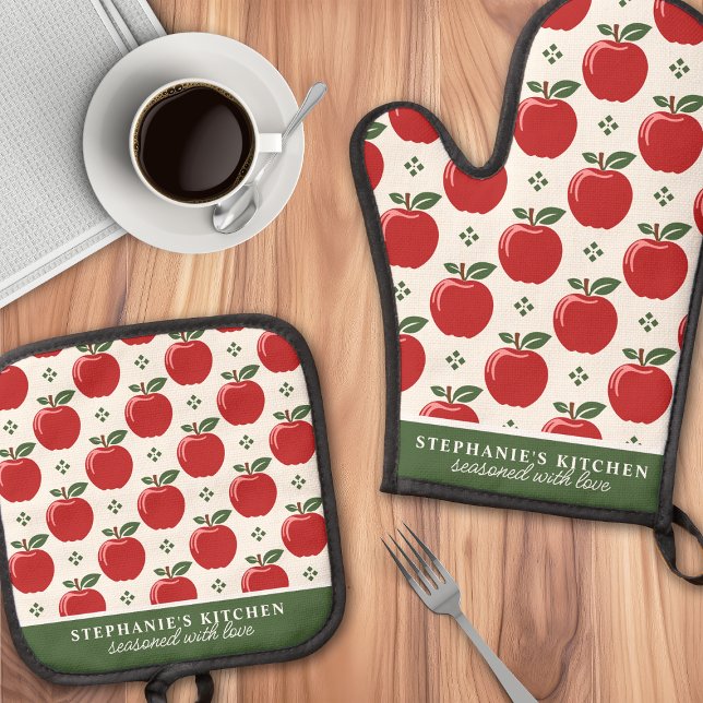 Red Apple Pattern Personalised Name Oven Mitt & Pot Holder Set (Creator Uploaded)
