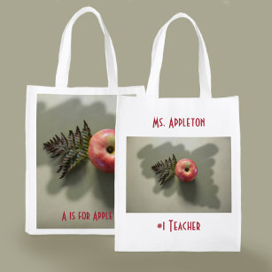 Red Apple photographic Teacher Appreciation Reusable Grocery Bag