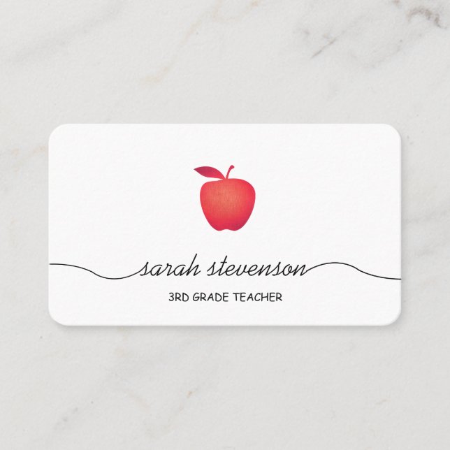 Red Apple School Elementary Teacher Simple White Business Card (Front)