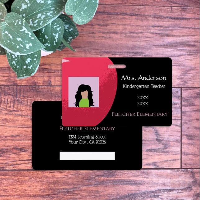Red Apple School Staff Horizontal Black ID Badge (Red apple school staff horizontal black photo ID badge .)