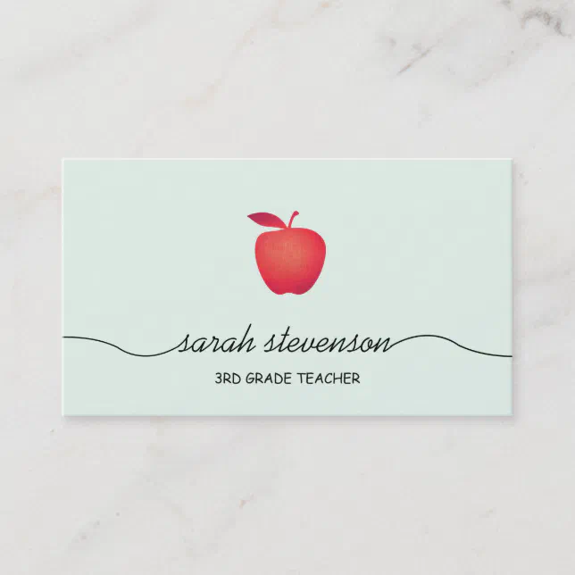 Red Apple School Teacher Simple Light Aqua Business Card | Zazzle