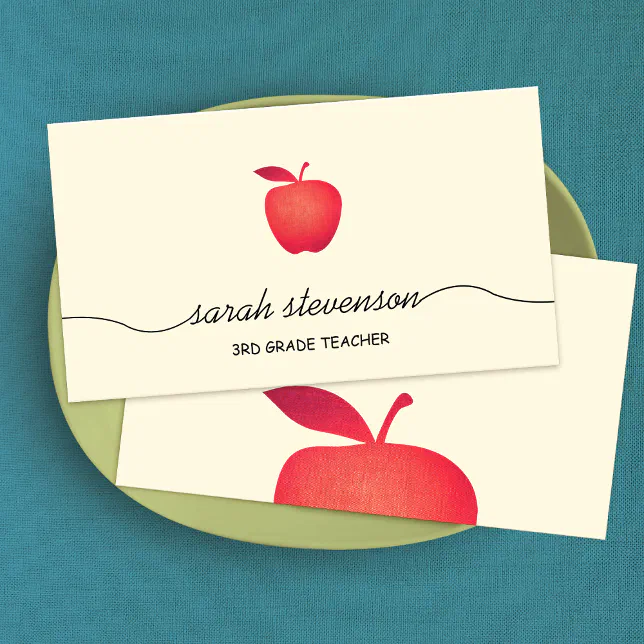 Red Apple School Teacher Simple Pale Yellow Business Card | Zazzle