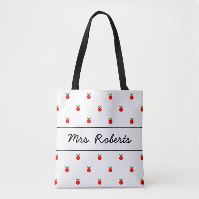 Red apple school teacher tote bag with custom name (Front)