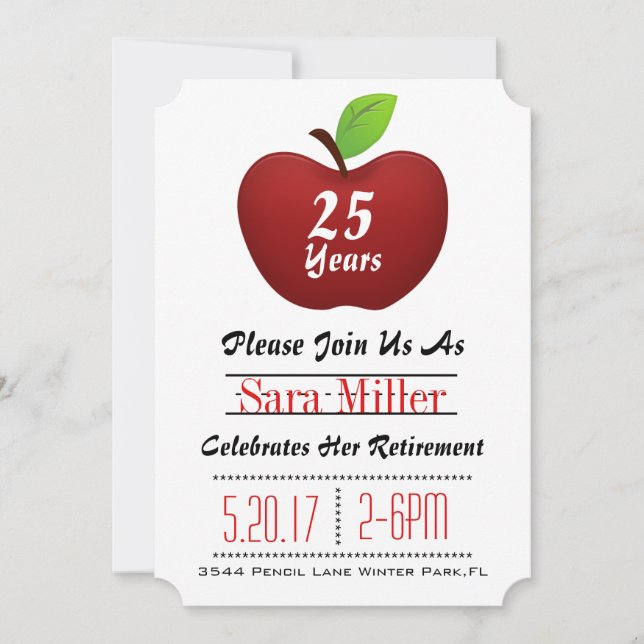 Red Apple Teacher Retirement Invitation (Front)