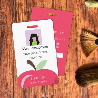 Red Apple Teacher White Photo ID Badge