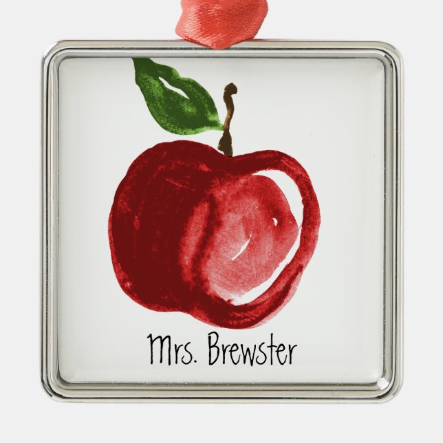 Red Apple Teacher's Monogrammed Name Metal Tree Decoration (Front)
