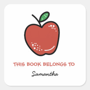 Red Apple This Book Belongs To Bookplate Square Sticker
