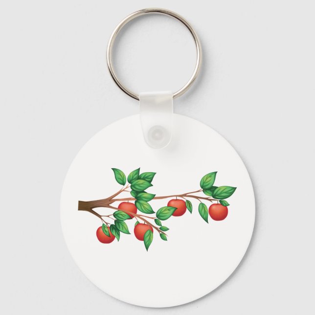 Red Apple Tree Branch Fresh Fruit and Green Leaves Key Ring (Front)