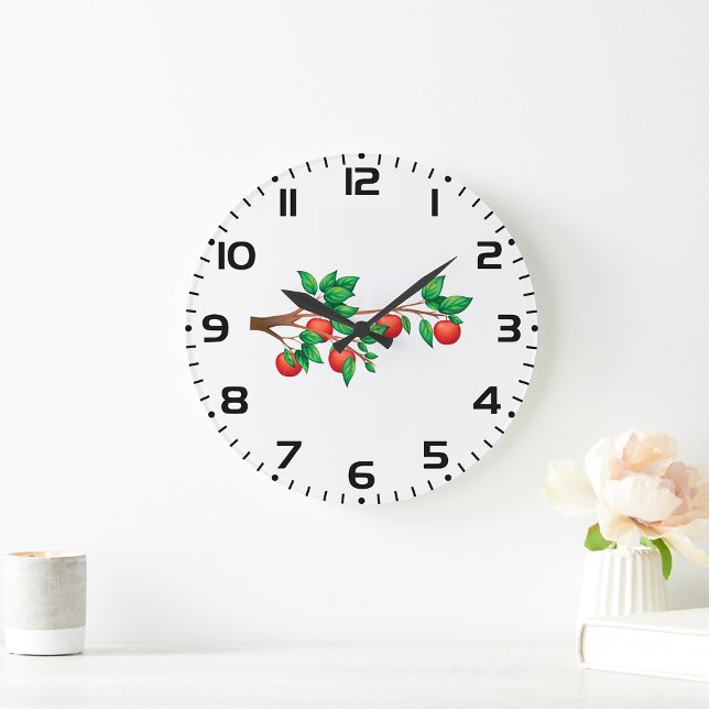 Red Apple Tree Branch Fresh Fruit and Green Leaves Large Clock (Creator Uploaded)