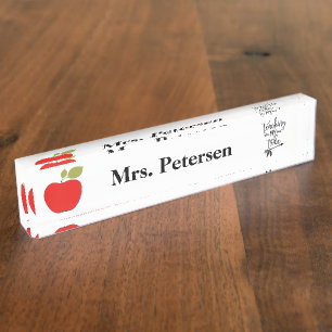 Red apple typography script funny teacher nameplate