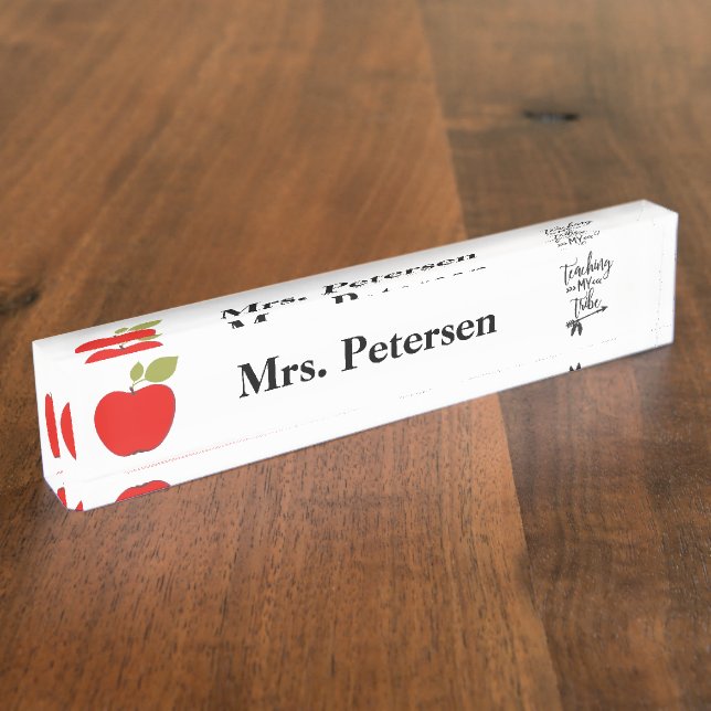 Red apple typography script funny teacher nameplate (Side)
