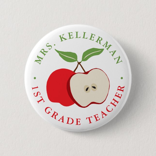Red Apple with Teacher's Name and Grade 6 Cm Round Badge (Front)