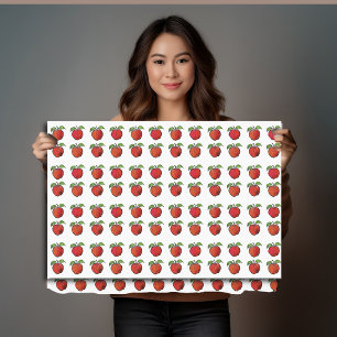 Red Apples and Green Leaves in Woodcut Pattern on Tissue Paper