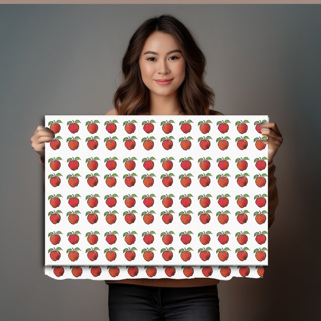 Red Apples and Green Leaves in Woodcut Pattern on  Tissue Paper (Creator Uploaded)