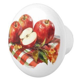 Red Apples and Red Gingham Kitchen Ceramic Knob