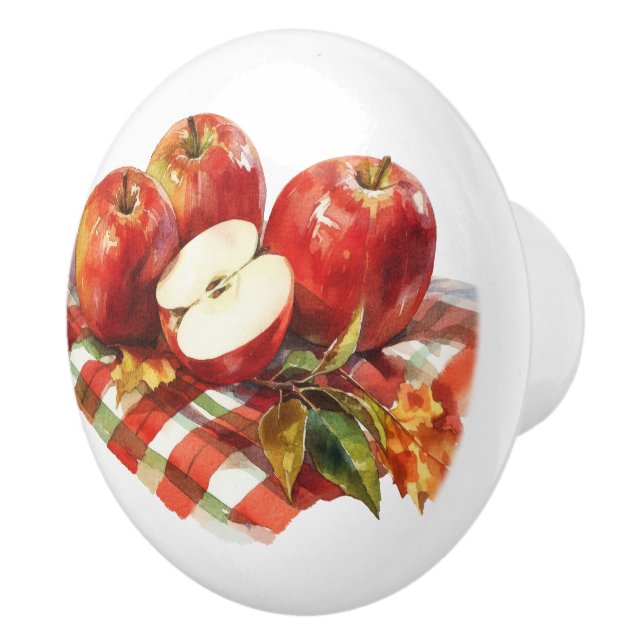 Red Apples and Red Gingham Kitchen Ceramic Knob (Right)