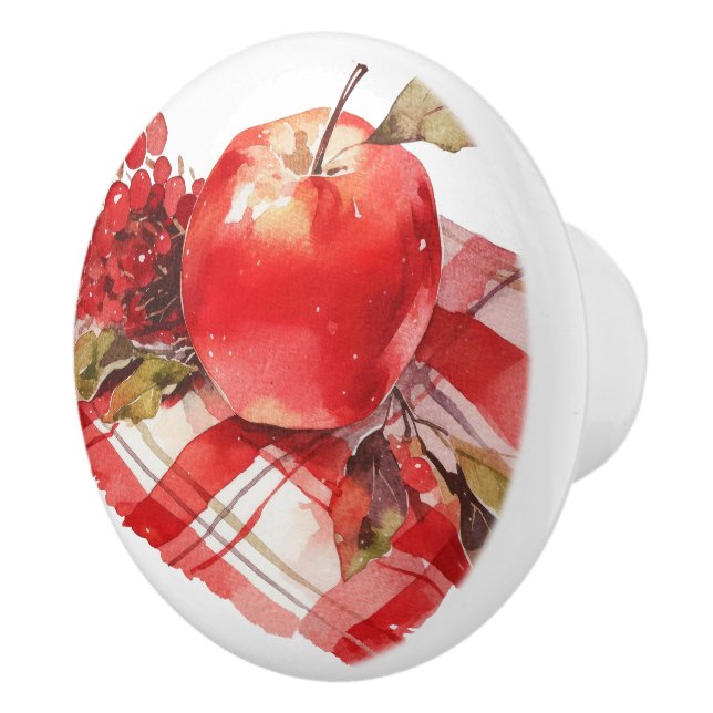 Red Apples and Red Gingham Kitchen Ceramic Knob (Right)
