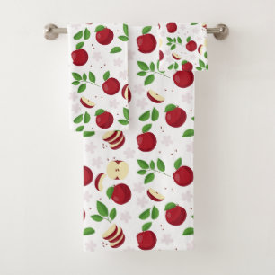 Red Apples, Blossoms & Greenery Pattern Bath Towel Set