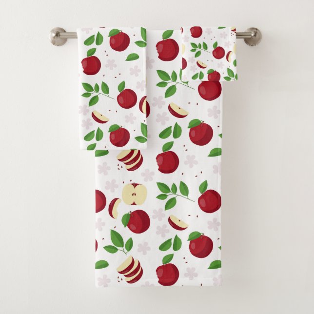 Red Apples, Blossoms & Greenery Pattern Bath Towel Set (Insitu)