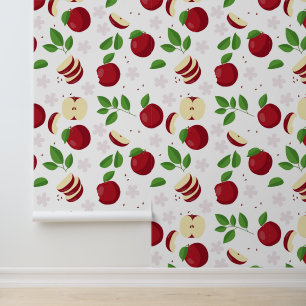 Red Apples, Blossoms & Greenery Pattern Wallpaper