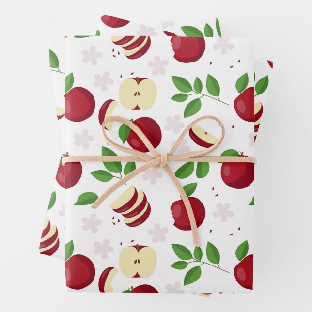 Red Apples, Blossoms & Greenery Pattern Wrapping Paper Sheet (In situ)