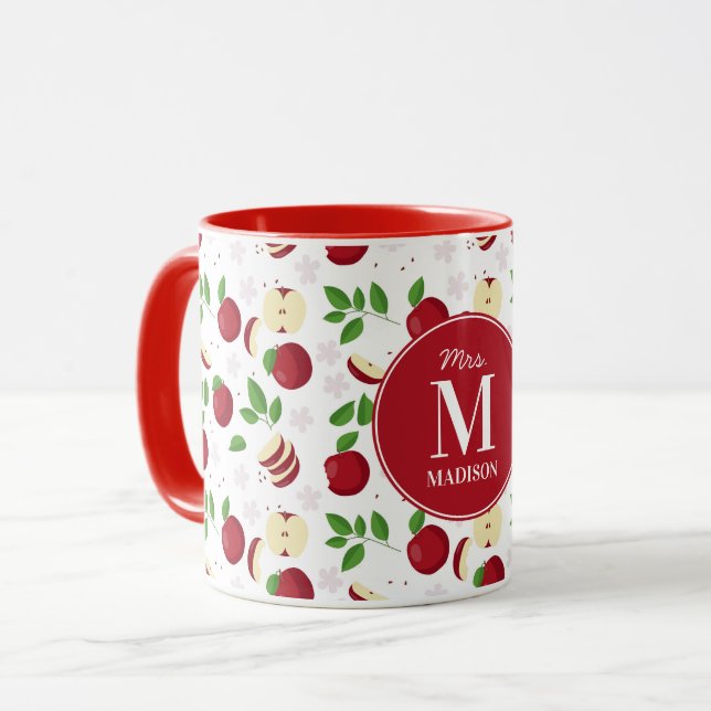 Red Apples, Blossoms Personalised Teacher Name Mug (Front Left)