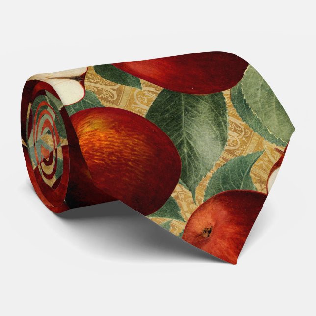 Red Apples Botanical Gold Alphabet Pattern Tie (Rolled)