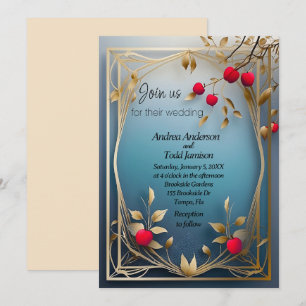 Red apples gold leaves wedding invitation