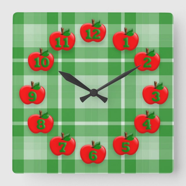 Red Apples Green Chequered Plaid Gingham Square Wall Clock (Front)