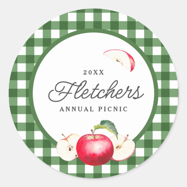 Red Apples & Green Gingham Custom Classic Round Sticker (Front)