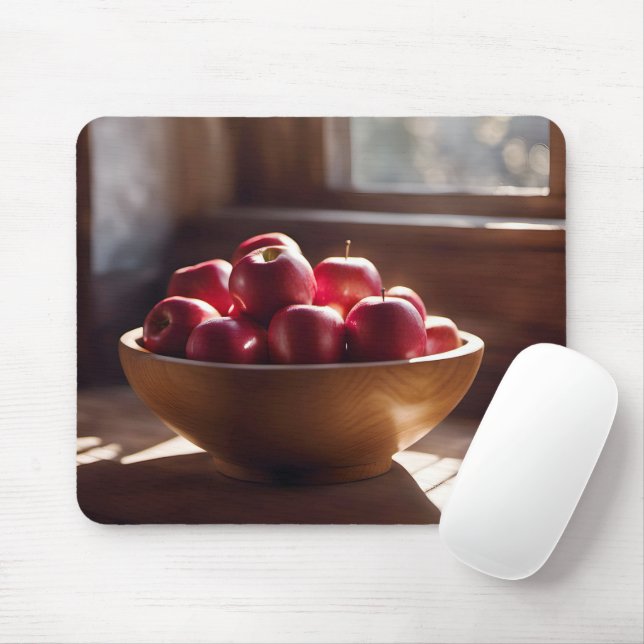 Red Apples In Wooden Bowl Mouse Mat (With Mouse)