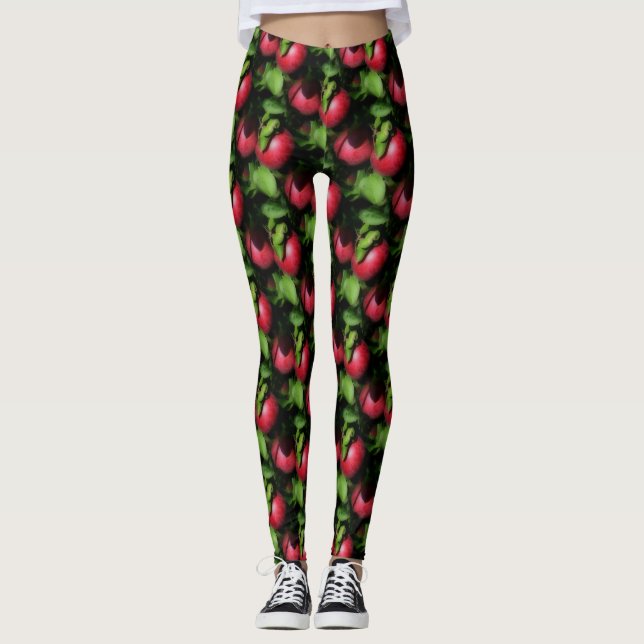 Red Apples On Tree Nature Pattern Leggings (Front)