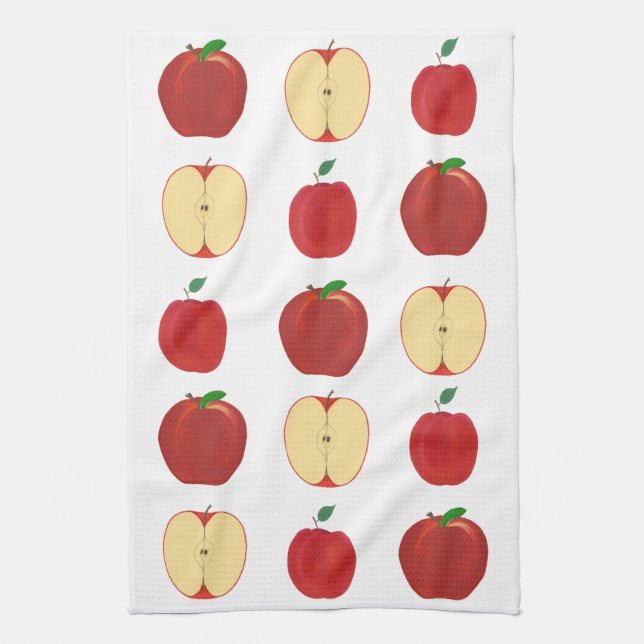 Red Apples Whole and Sliced Pattern, Kitchen Towel (Vertical)