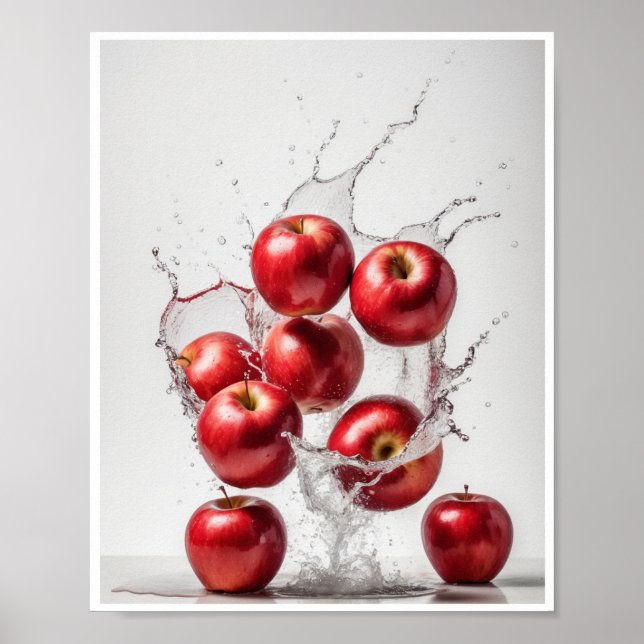 Red Apples with Splash White Background Wall Poster (Front)