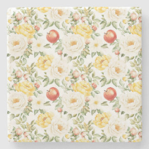 Red Apples Yellow White Flowers Stone Coaster