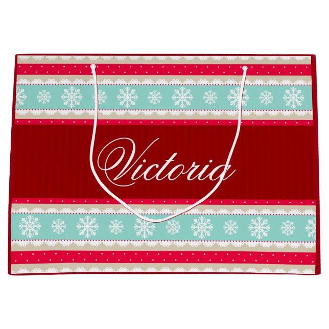 Red Aqua Blue Christmas Pattern Personalised Name Large Gift Bag (Front)